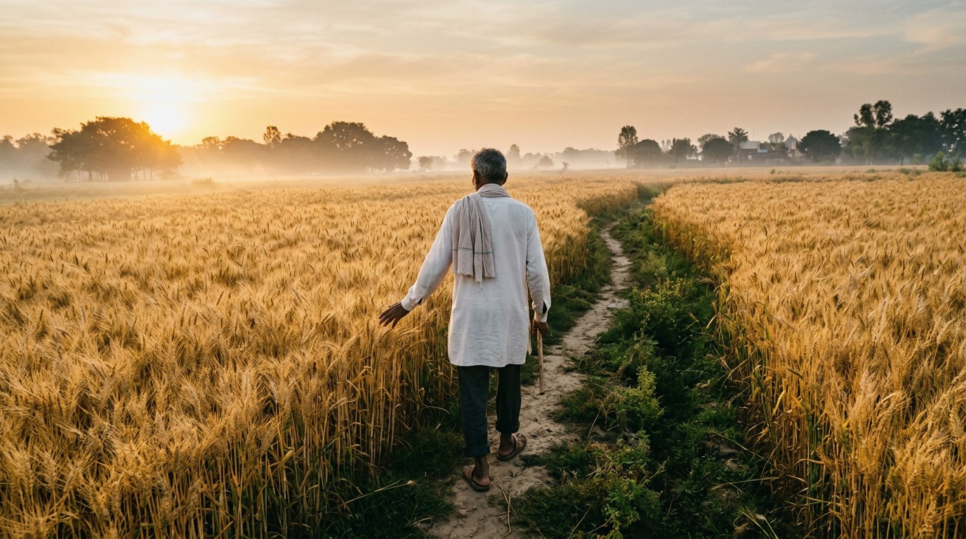 Illustrative image: a farmer walking through a wheat field at sunrise.