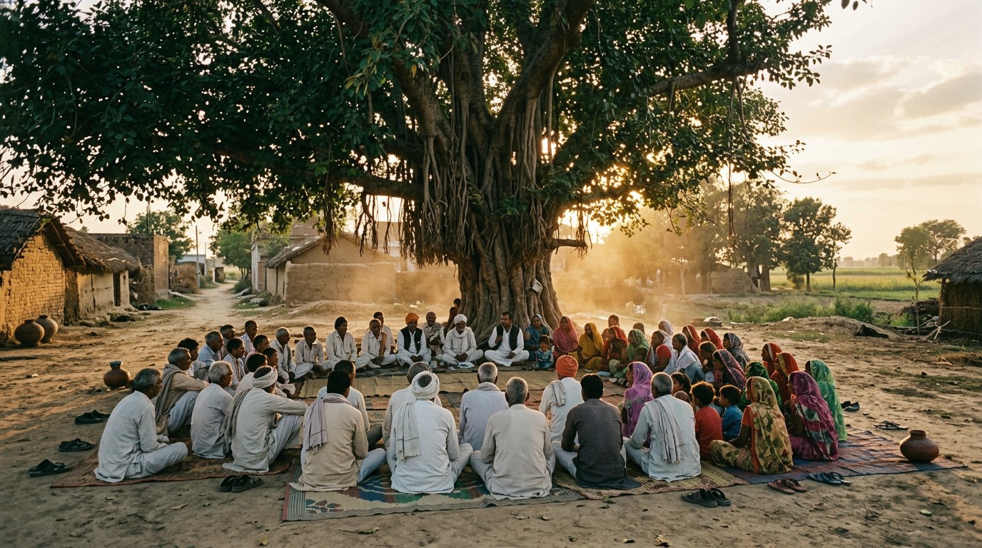 Illustrative image: villagers gathered in a circle beneath a banyan tree at golden hour.