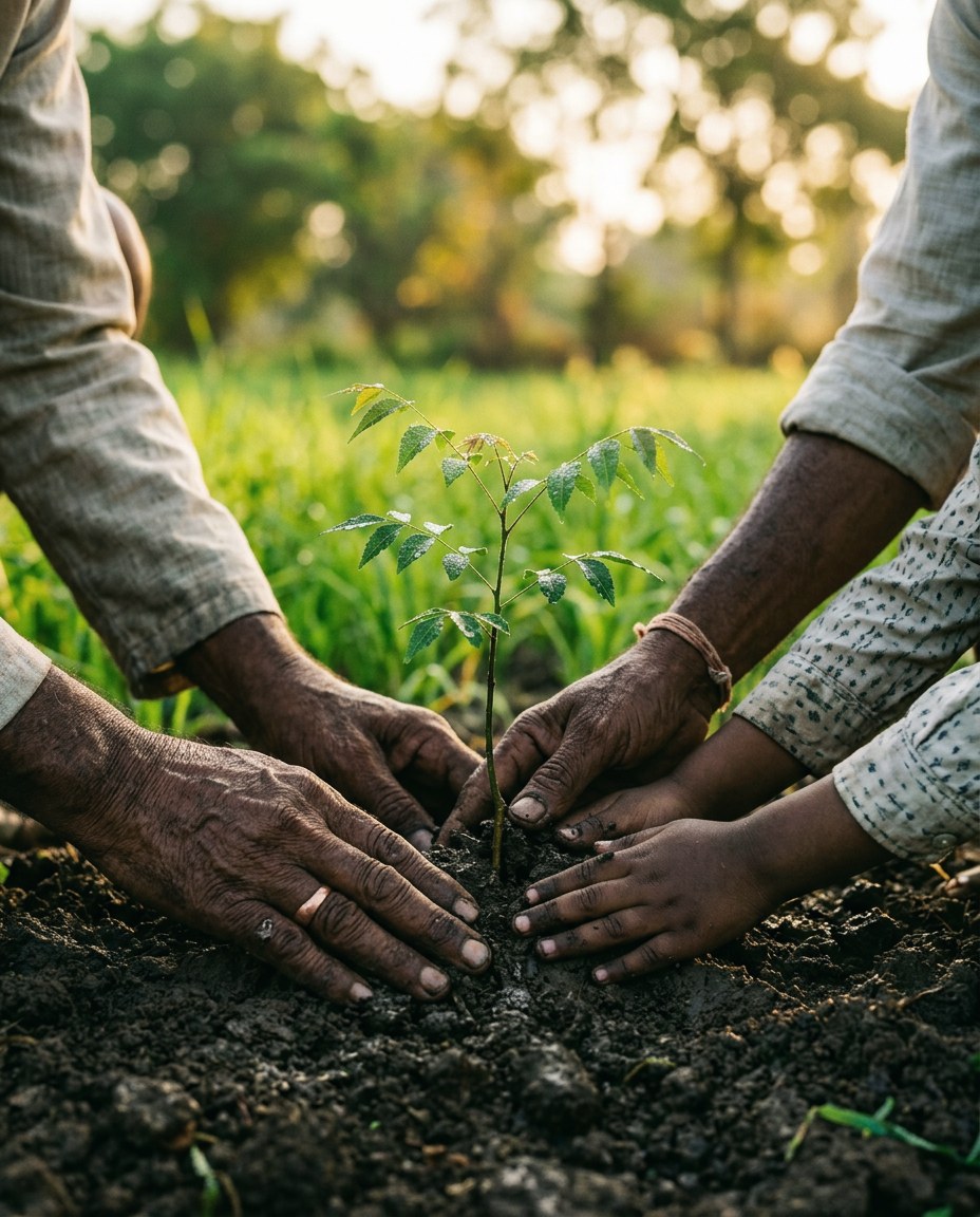 Illustrative image: an elder and a child planting a sapling.