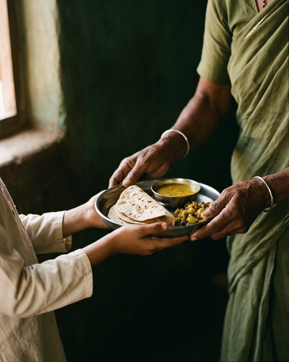 Illustrative image: an older woman’s hands passing a plate of roti, dal and vegetables to a young girl.