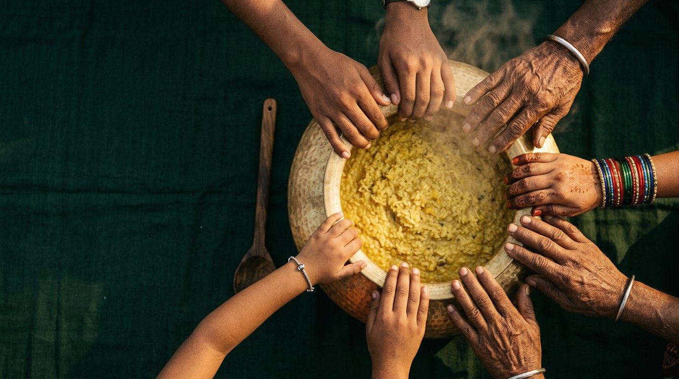 Illustrative image: many hands of different ages resting together around a brass vessel of steaming rice and dal.