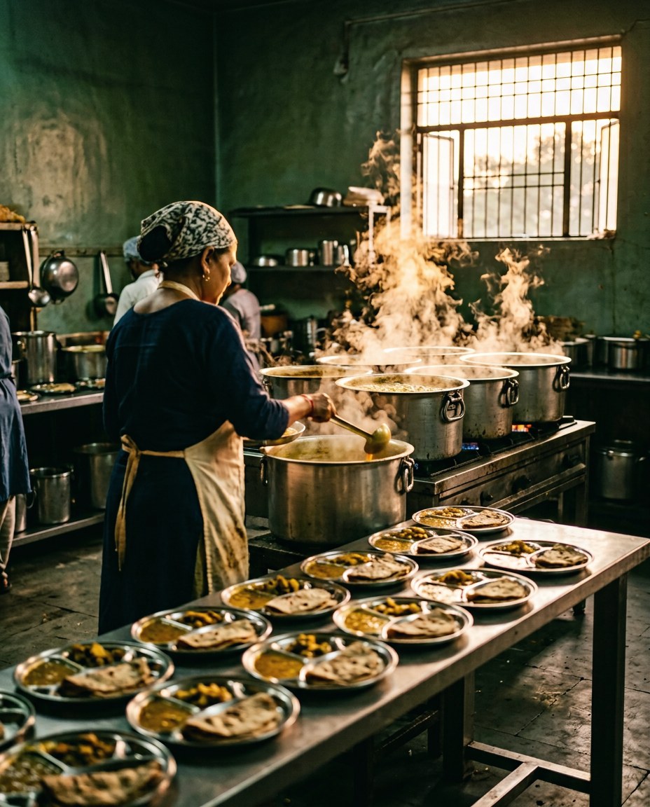 Illustrative image: steam rising from large pots in a community kitchen as a volunteer serves dal onto steel plates.