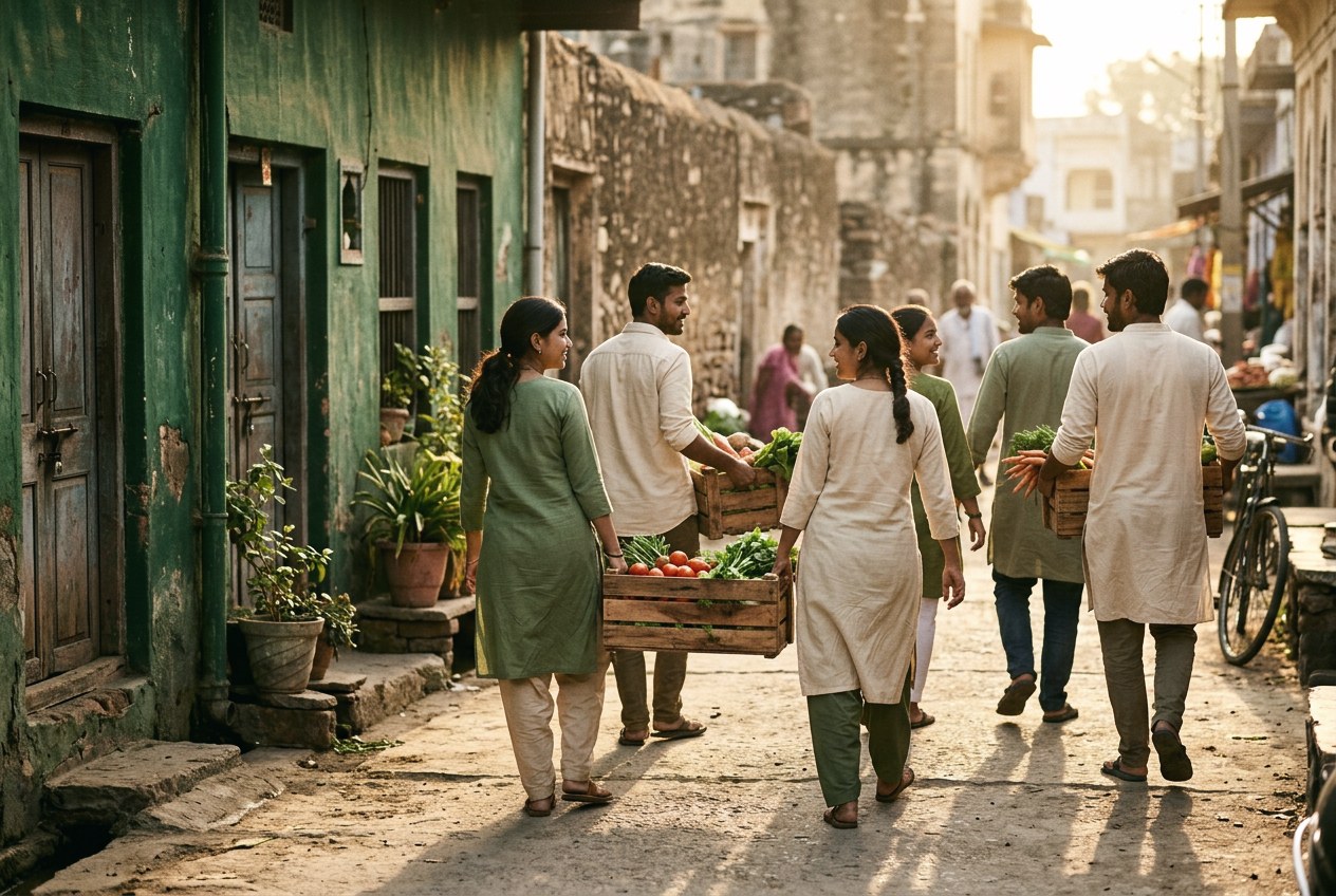Illustrative image: young volunteers carrying crates of vegetables along a sunlit lane.