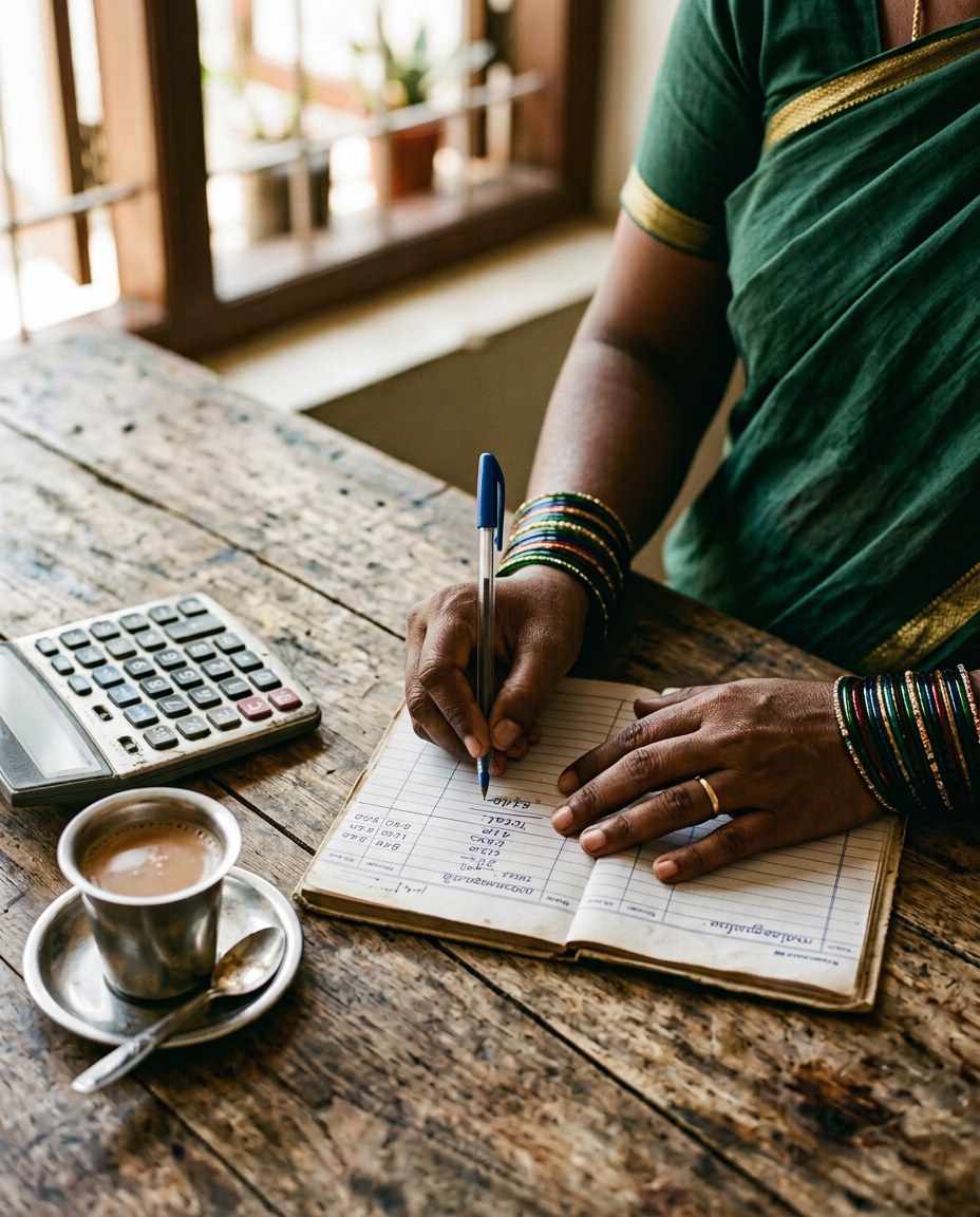 Illustrative image: a woman writing in a ledger beside a calculator and a cup of chai.