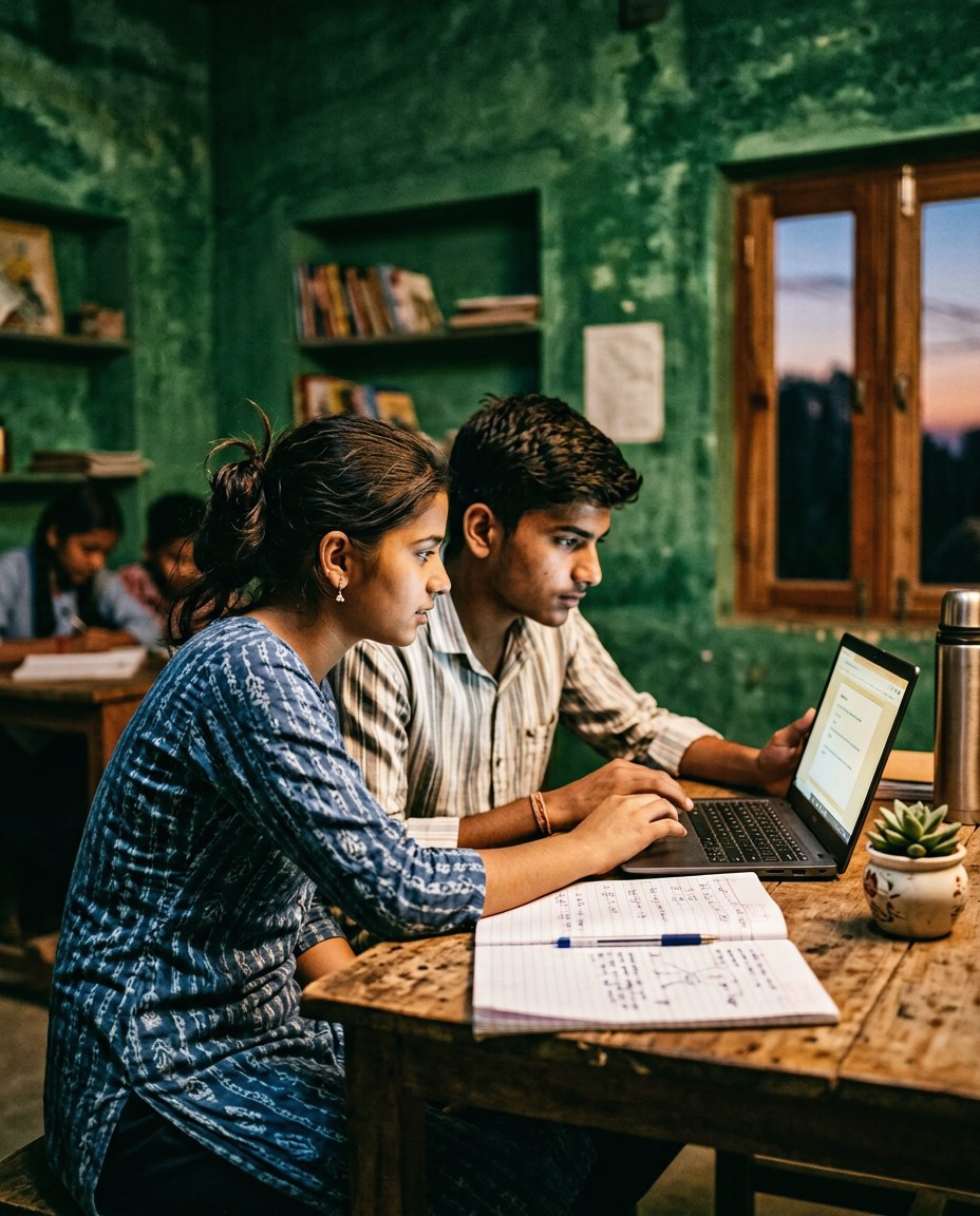 Illustrative image: two young people learning together on a laptop in a rural learning centre at dusk.